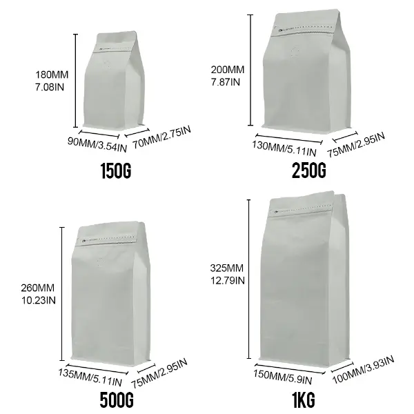 150G 250g 500g 1kg Boden-Kaffeebeutel-Größentabelle