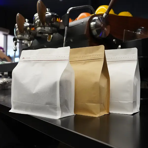 500g horizontale Kaffeebeutel aus weißem und Kraftpapier mit Ventil