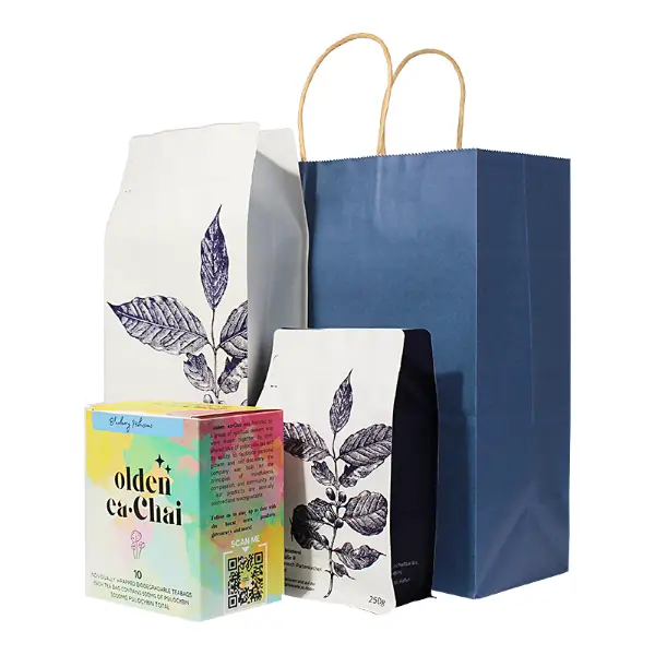 Große Kraftpapier-Kaffeegeschenktüten mit Kaffeetüten und Kartons für Einzelhandel und Geschenke