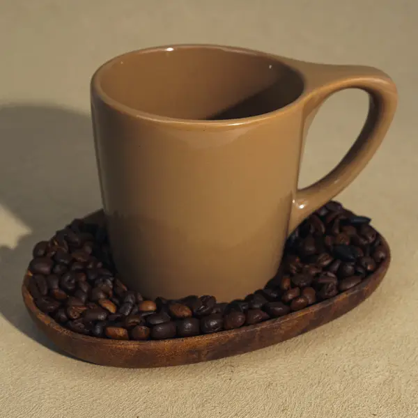 Maßgeschneiderte braune Keramiktasse mit flachem Mund und Henkel in der Kaffeebohnenszene