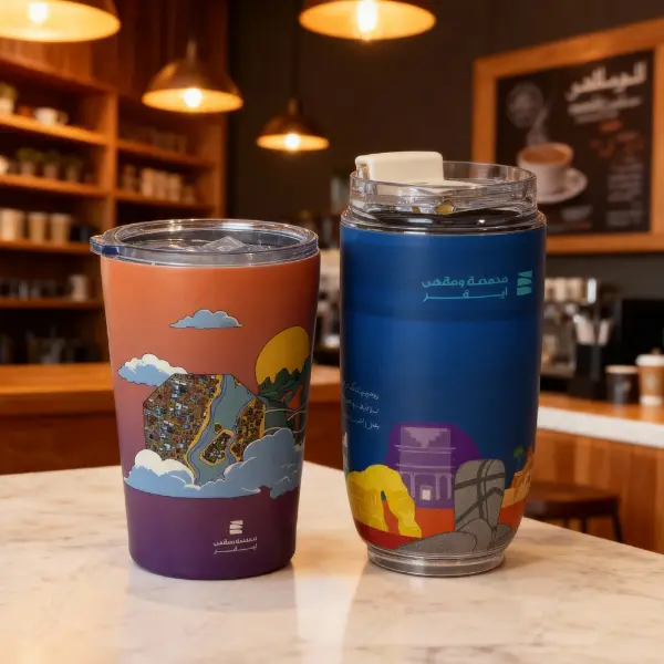 Individueller Vakuumbecher mit transparentem Deckel und gedrucktem Design für Kaffeemarken