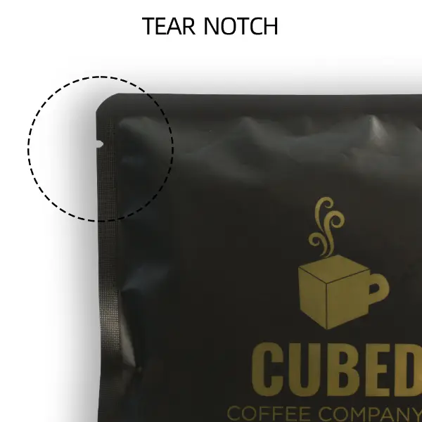 Tear notch detail on premium coffee sachet