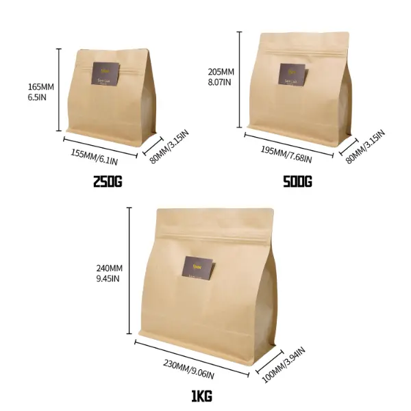 Horizontale Größenrichtlinie für Kaffeebeutel für 250g, 500g und 1 kg