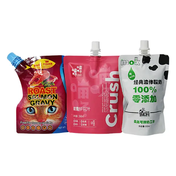 Verpackung von Kunststofftüten für Flüssigkeit, Getränke- und Lebensmittelprodukte mit Schraubverschluss