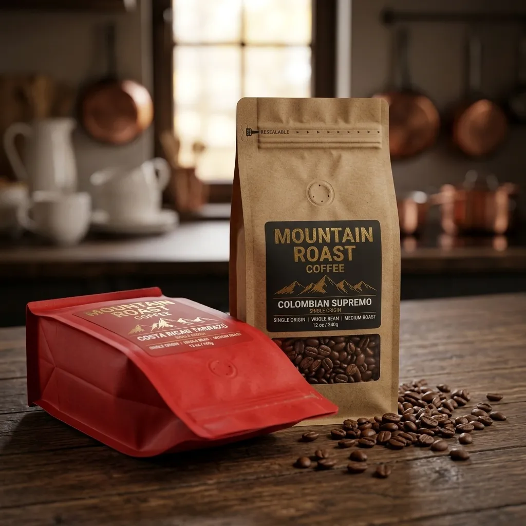 Zwei maßgeschneiderte Kaffeebeutel im Box-Stil