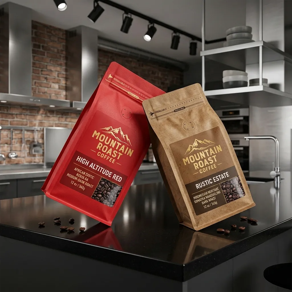 zwei bedruckte Schachtel-Kaffeebeutel