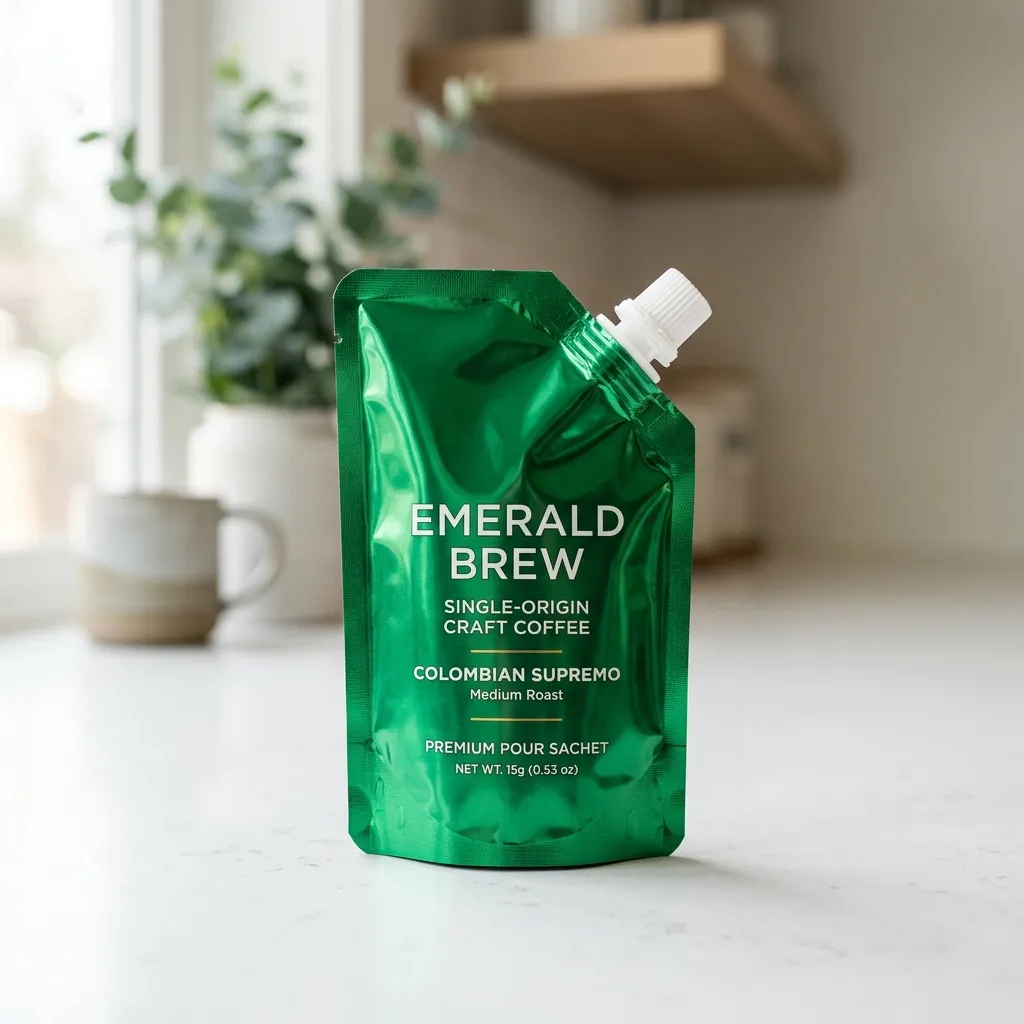 Ein Green_coffee_sachet_on_countertop