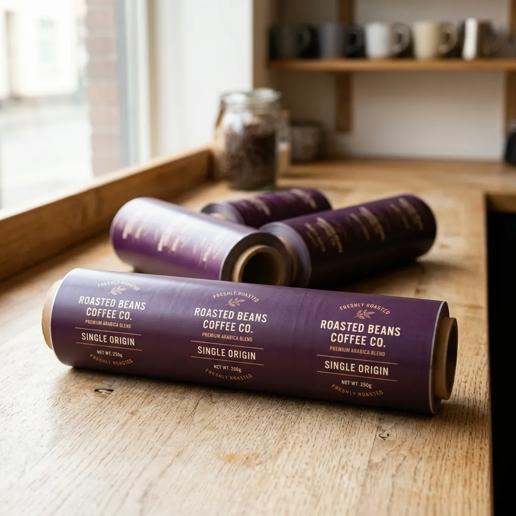 lila Printed_packaging_film_rolls_on Holztisch