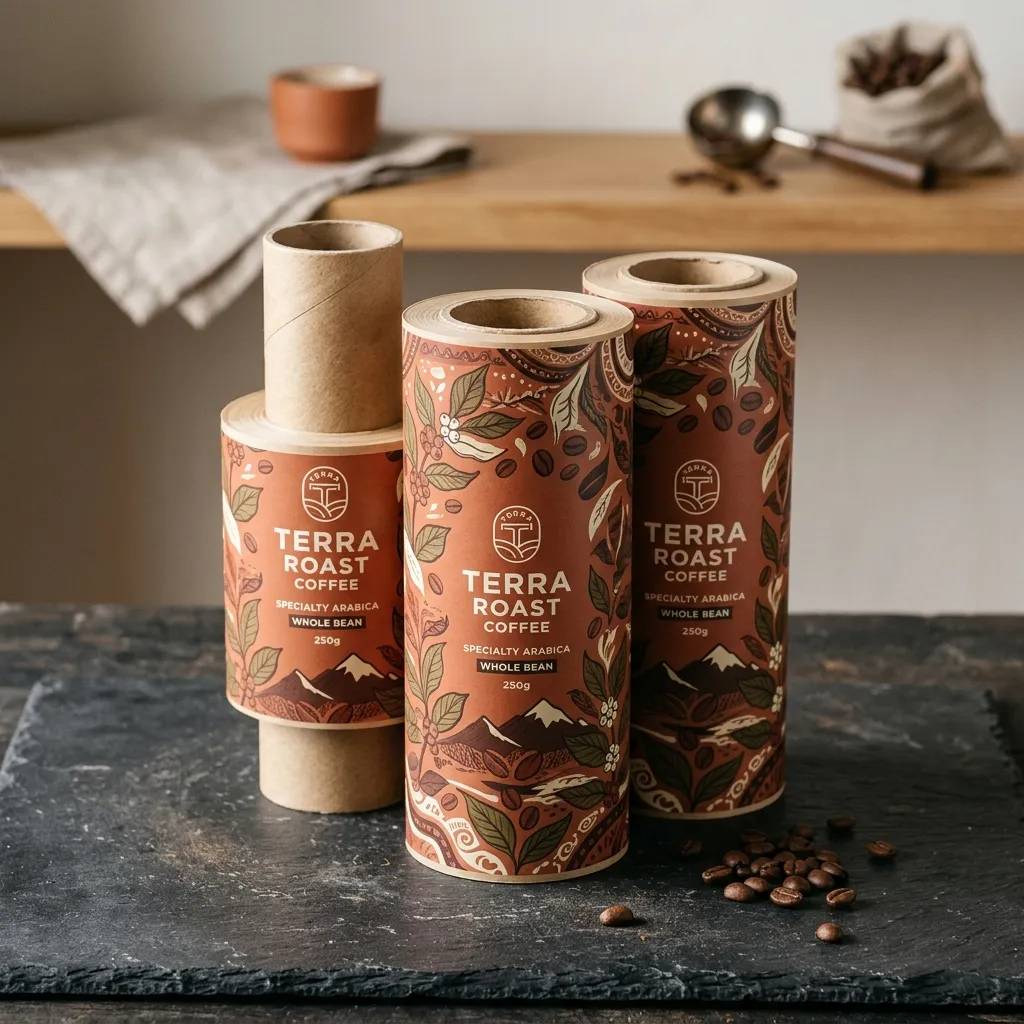 Brown Printed_packaging_film_rolls_stack auf Marmor